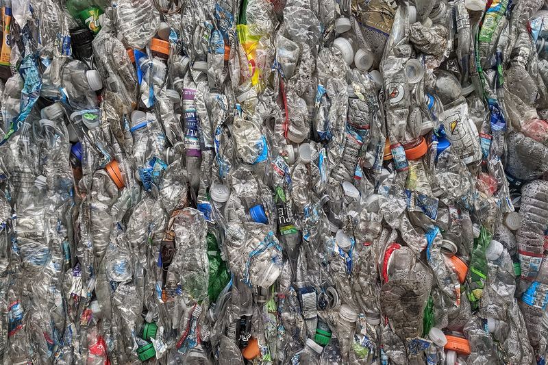 A bale of crushed PET drink bottles at a recycling facility in San Jose, California.